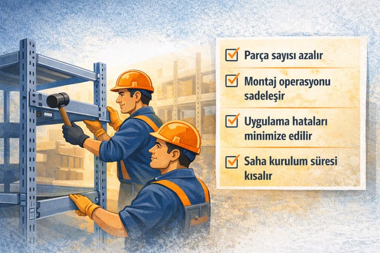 Geçmeli raf sisteminde iki kişilik ekiple hızlı ve düzenli montaj uygulaması