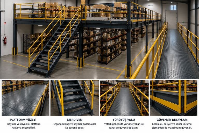 Mezanin platform merdiven yürüyüş yolu ve güvenlik korkulukları